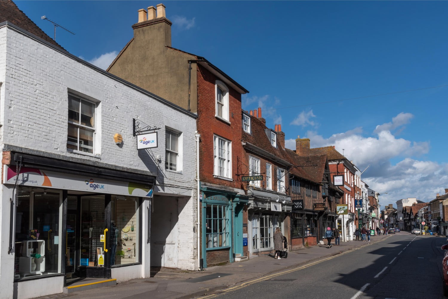 Row of shops in town centre.