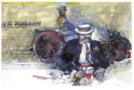 Watercolour of a man and a vintage car