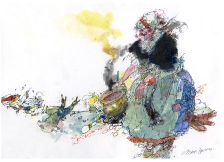 Watercolour of woman and a cauldron