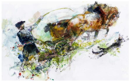 Watercolour of man ploughing