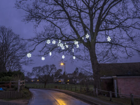 A nighttime photo of a tree with snowflake Christmas lights