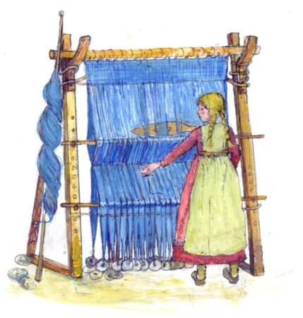 Watercolour of Saxon girl weaving