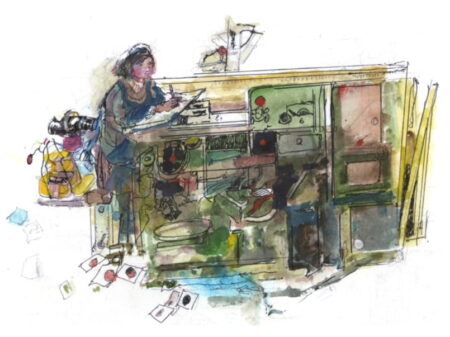 Watercolour of female in a factory.