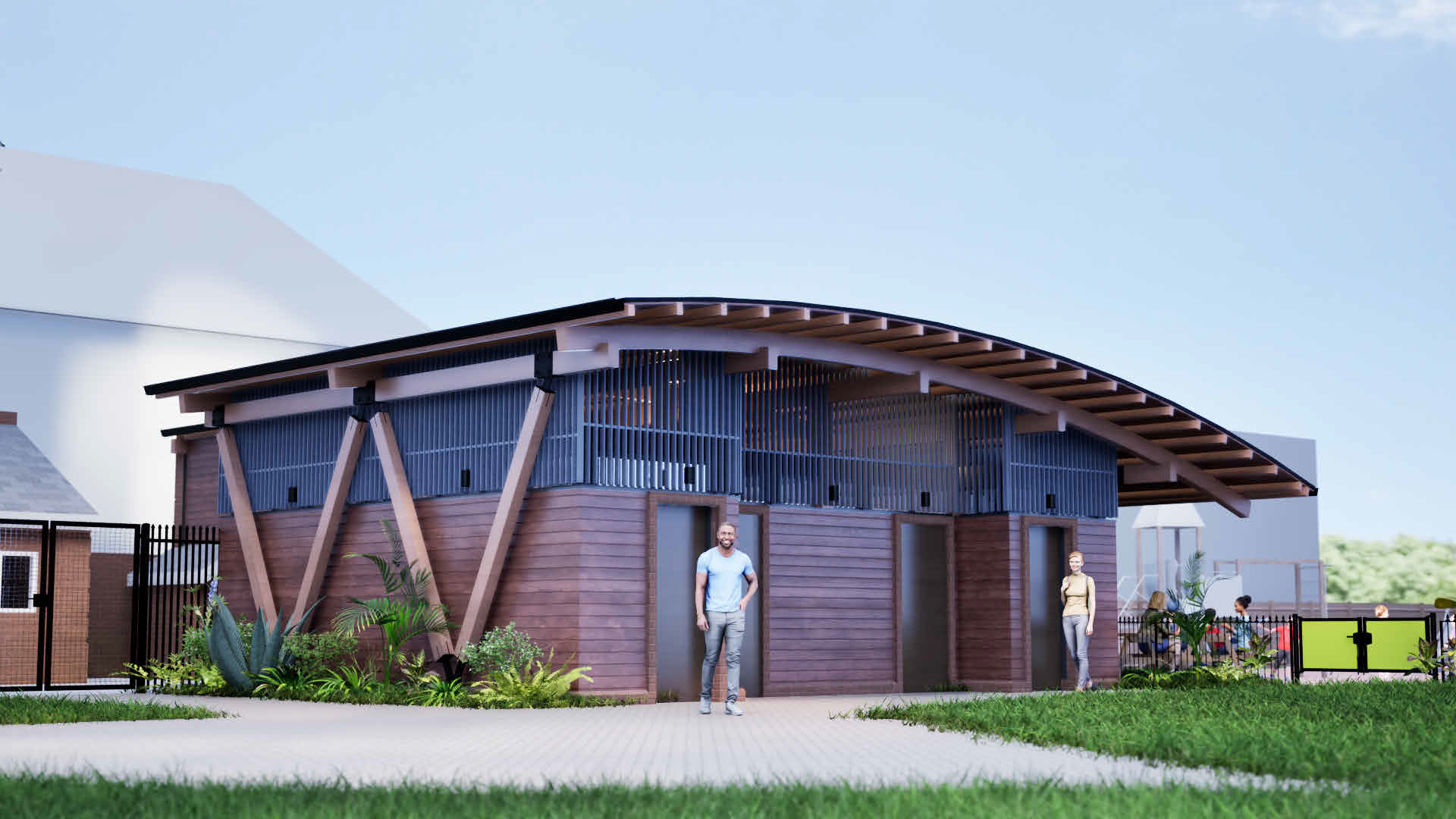 Computer generated image of a wooden building.